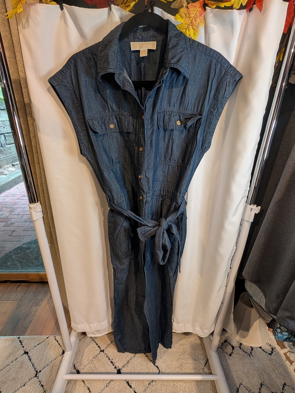 Michael Michael Kors Denim Jumpsuit Dark Wash Utility Short Sleeve Size PS